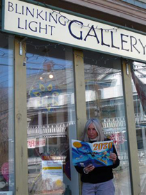 women reading in front of blinking light gallery